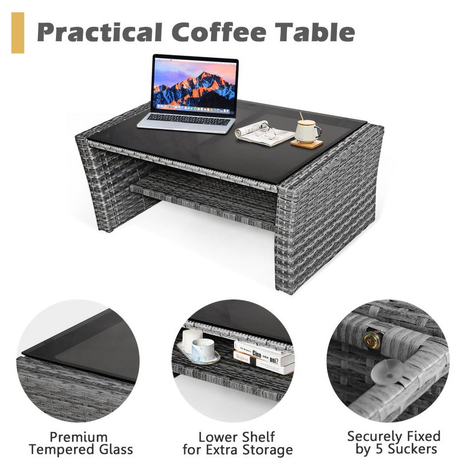Aimee Lii 4 Pieces Wicker Patio Furniture Set Sofa Table with Storage Shelf Cushion, Modern Patio Furniture, Black Aimee Lii 4 Pieces Wicker Patio Furniture Set Sofa Table with Storage Shelf Cushion, Modern Patio Furniture, Black