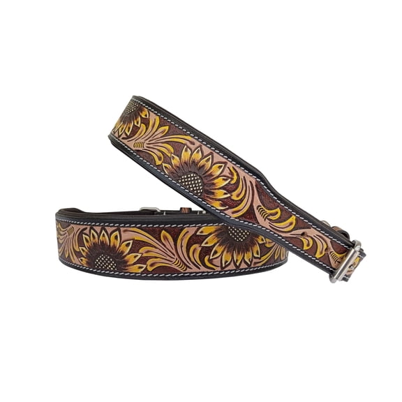 Affilare Leather Dog Collar Western Style Heavy Duty Tooled Sunflower Floral Padded for Comfort 10IS109-M