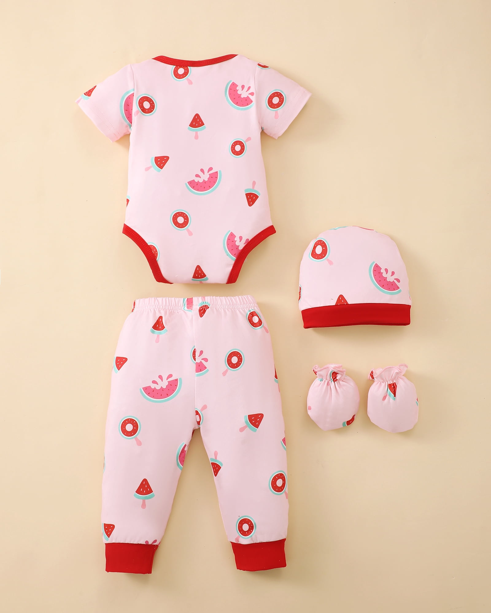 KIMI BEAR Newborn Baby Girls Summer Outfits 0-3 Months 4-Pack Layette Set Short Sleeves Romper Top Strawberry Watermelon Floral Pants Set Hat Gloves 16Pcs Pink