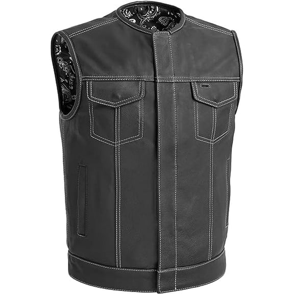 First Mfg Co - Bandit - Men's Motorcycle Biker Riding Black White Leather Vest - Small - Contrast stitching