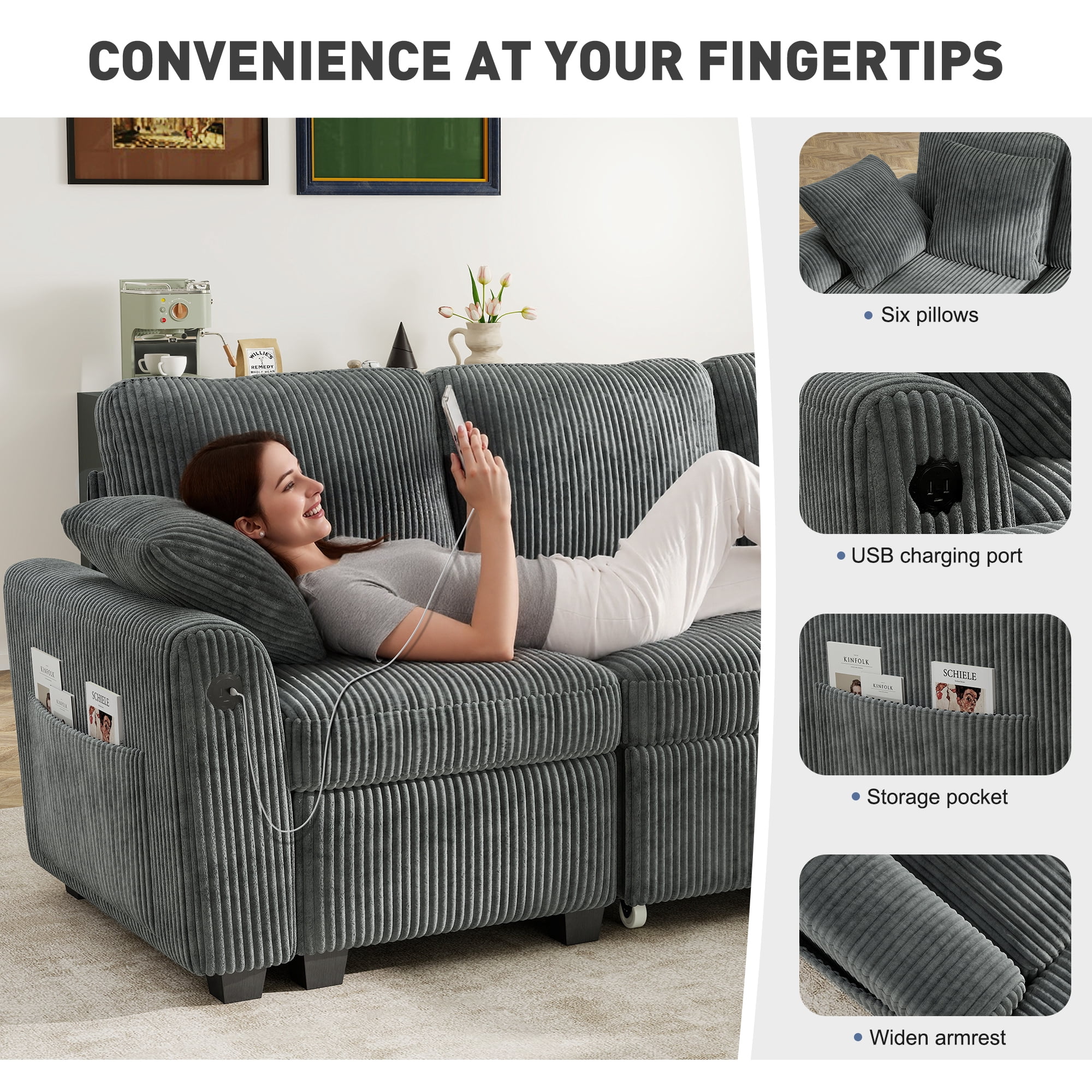 BedLuxury 110" Sectional Sleeper Sofa with Pull Out Bed, Storage Seat & USB Charging, U Shaped Modern Couch for Living Room, Corduroy Gray