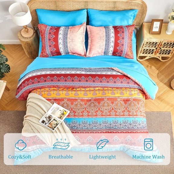 Coral Pink King Size Comforter Set Boho - 7 Pieces Floral Striped Bedding Set Soft All Season