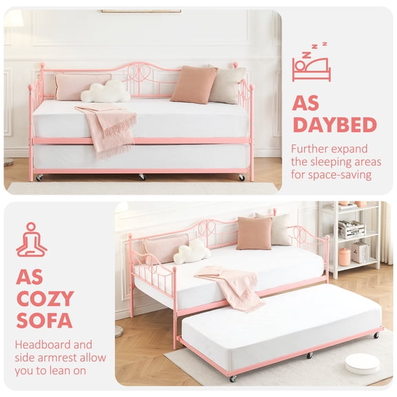 Luku Twin Daybed with Trundle Metal Day Beds Twin Size Sofa Bed for Living Room and Guest Room Pink