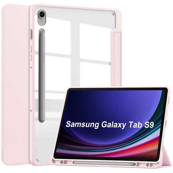 Case for Samsung Galaxy Tab S9 Plus/S8 Plus/S7 Plus/S7 FE/S7 Plus 12.4 Inch with [S Pen Holder], [Tri-Fold Flip Kickstand] Shockproof Protective Transparent Clear Back Tablet Cover, Rosegold