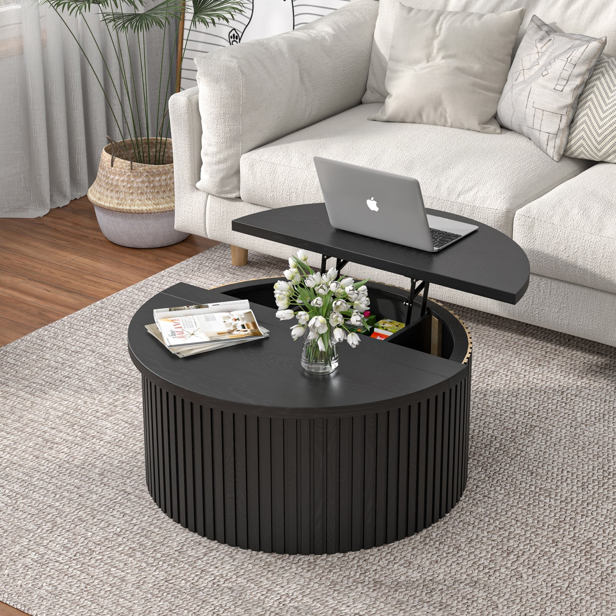 Round Lift Top Coffee Table with Storage Farmhouse Center Table with Hidden Compartment Circle Sofa Table for Living Room Black
