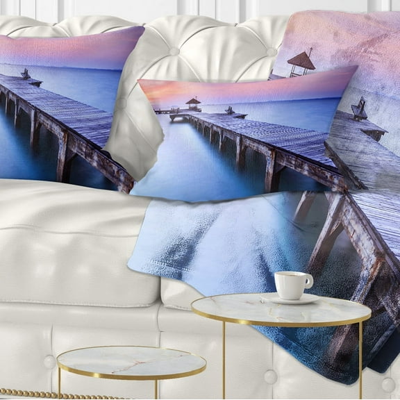 Designart Blue Wooden Bridge - Seascape Photography Throw Pillow - 12x20