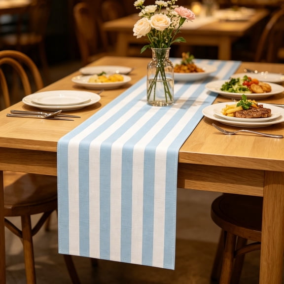 Light Blue and White Cabana Striped Table Runner Coastal Theme Wedding Party Decoration Birthday Baby Shower Dining Room Home Kitchen Table Decor