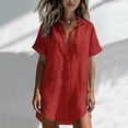 thumbnail image 4 of Wuphunn Womens Cotton Linen Collared Lapel Short Sleeve Long Loose Shirt Dress Swim Cover Up Oversized Casual Beach Vacation Summer Outfit B Red 3XL, 4 of 6