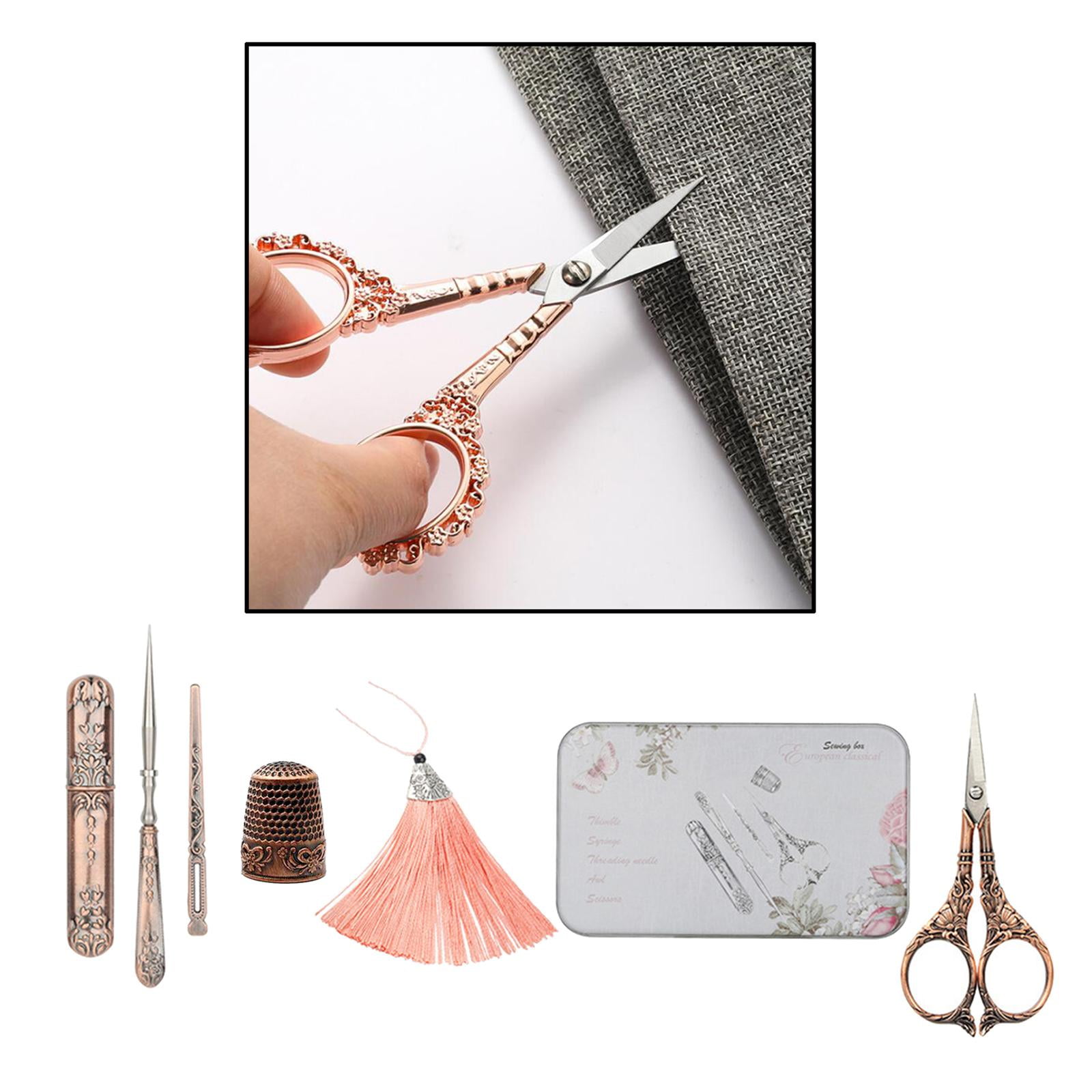 HOMYL 5Pcs/set Exquisite Vintage Scissors Set Scissors+Needle Storage Tube+Awl+Needle Lily