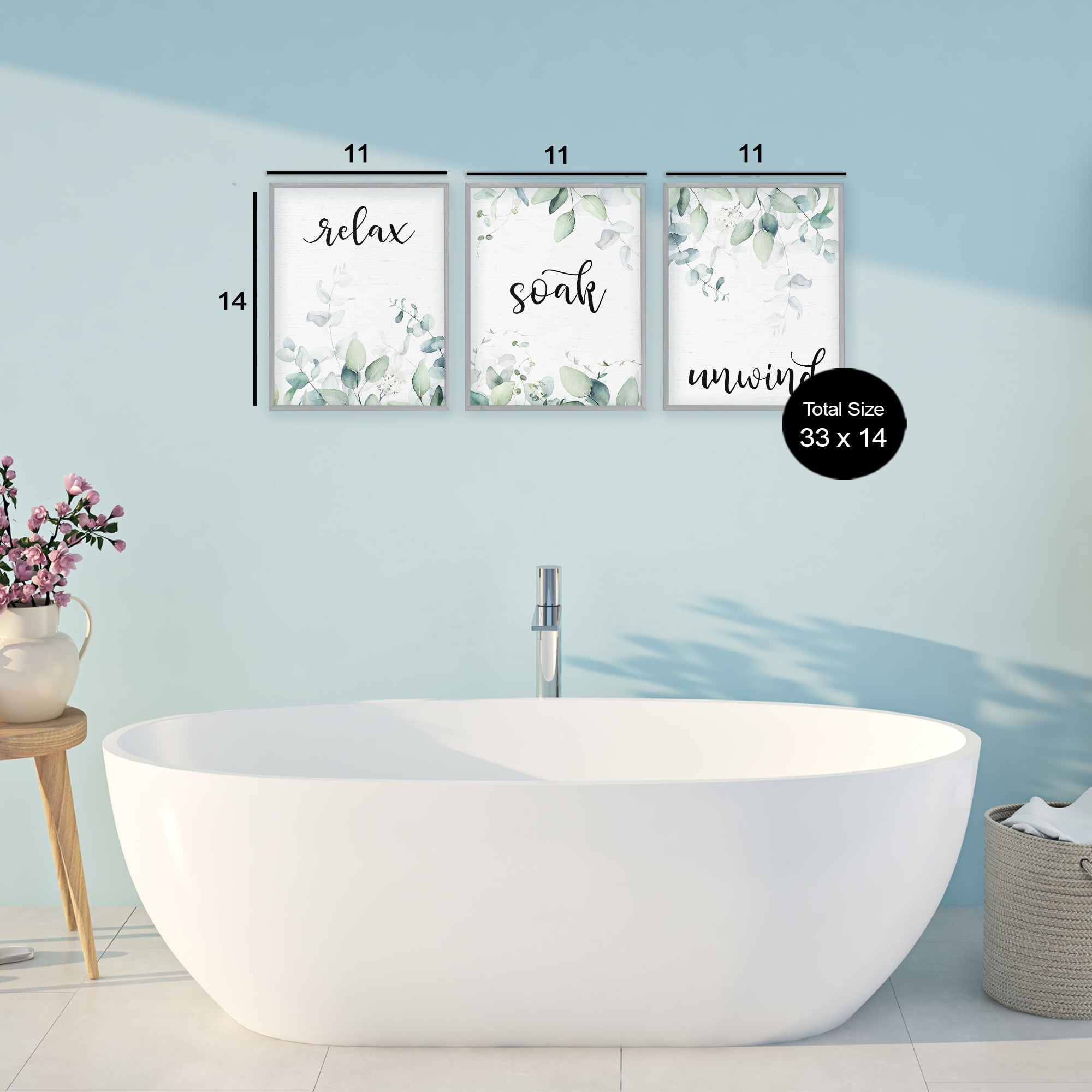 Leafy Bathroom Herbs 3 Piece Gray Framed Giclee Art Set, design by Lettered and Lined