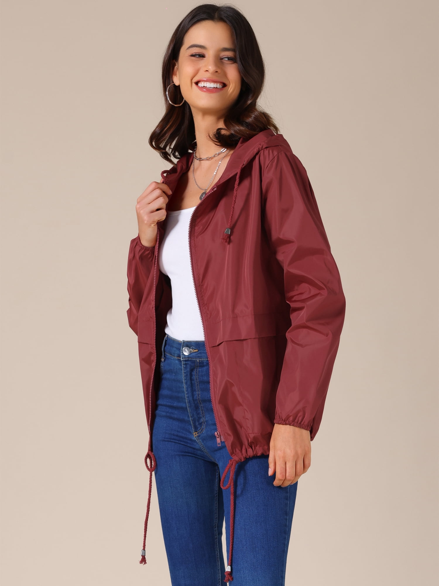 DARING DIVA Women's Lightweight Windbreaker Jacket with Hood Pockets L Wine Red