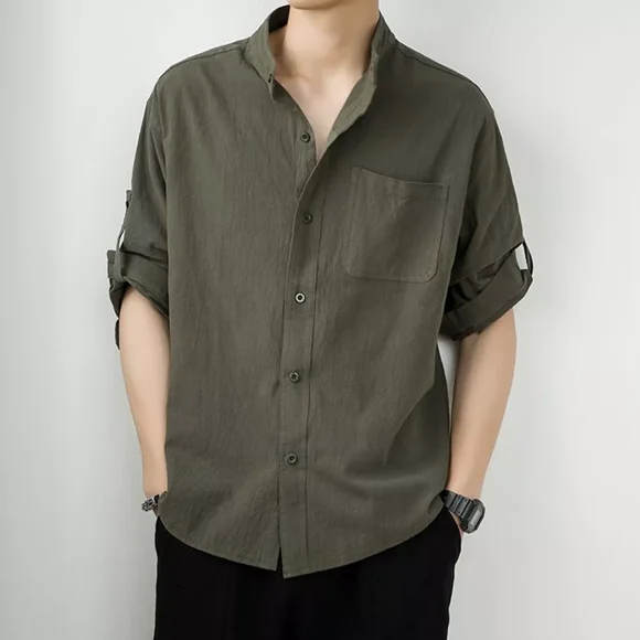 Camisa Cuello Mao Lino Hombre 3/4 Larga Manga, Con Botones