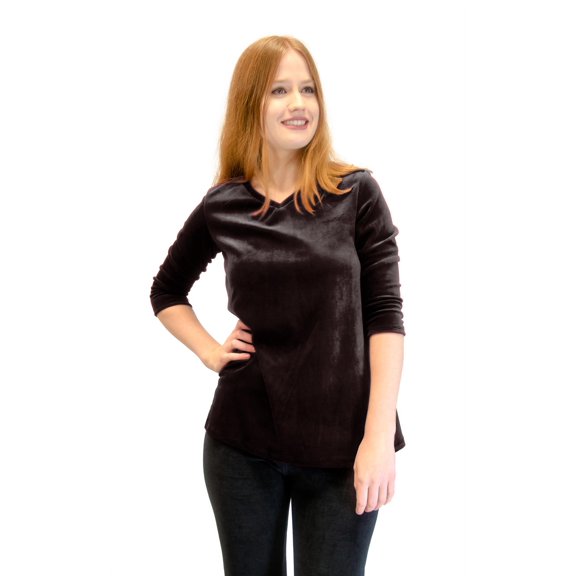 Vivian's Fashions Top - Velour V-Neck 3/4 Sleeve Top (Brown, Medium)