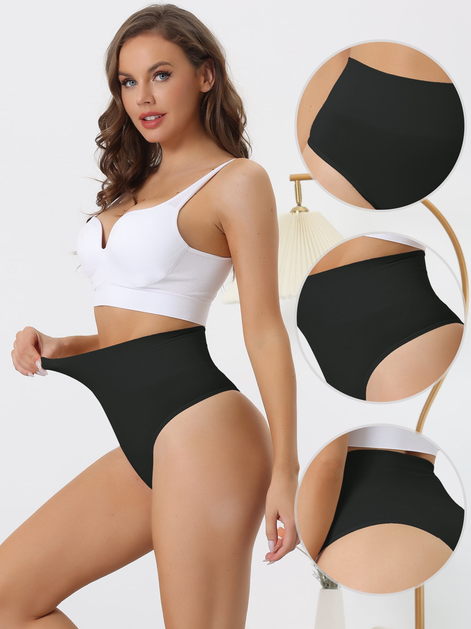 DARING DIVA Women's High-Waisted Tummy Control Thong Stretchy Underwear XL Black