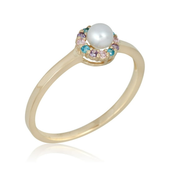 AVORA 10K Yellow Gold 3mm Freshwater Cultured Pearl with Simulated Diamond CZ Halo Ring, Size 3 - Size 3