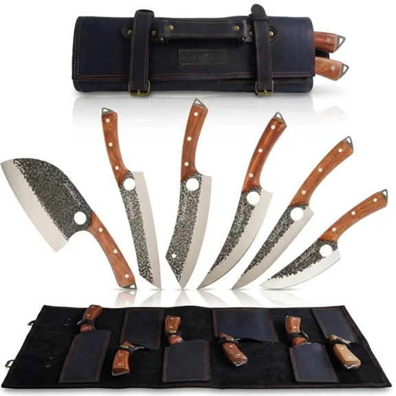 Heritage Forge 6-Piece Knife Set with Leather Roll – Serbian, Viking, Cleaver, Boning, Scimitar & Kiritsuke Knives, Hand Forged High Carbon Steel, Full Tang Kitchen & Butcher Set