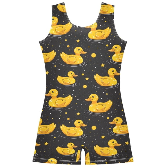 Gymnastics Leotard Sleeveless Yellow Duck on Black Background Stretchy Dance Bodysuit Breathable Athletic Ballet Yoga Outfit for Ages 3-14
