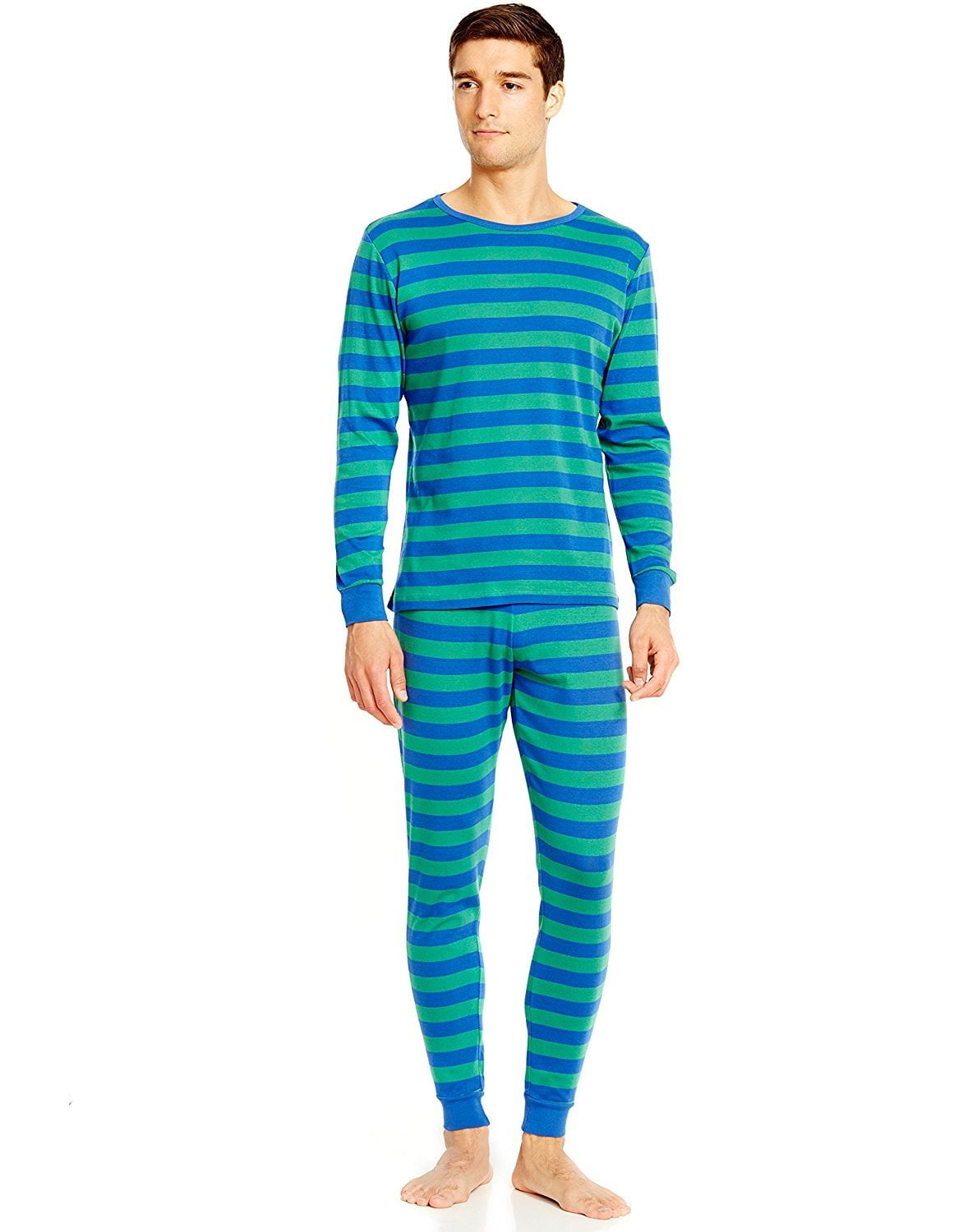 Leveret Leveret Mens Pajamas Green Top Striped Pants 2 Piece Pajama
