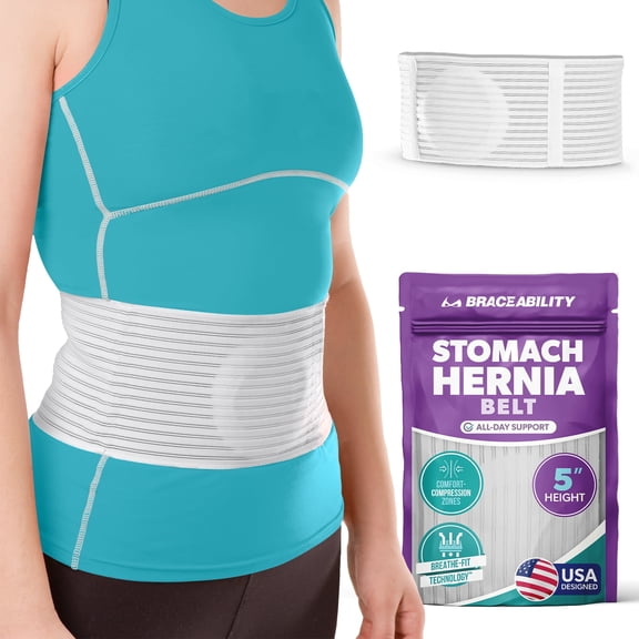 BraceAbility Umbilical Hernia Belt, Abdominal Binder with Compression Pad for Navel, Epigastric, and Ventral Hernia Support, White, Small/Medium