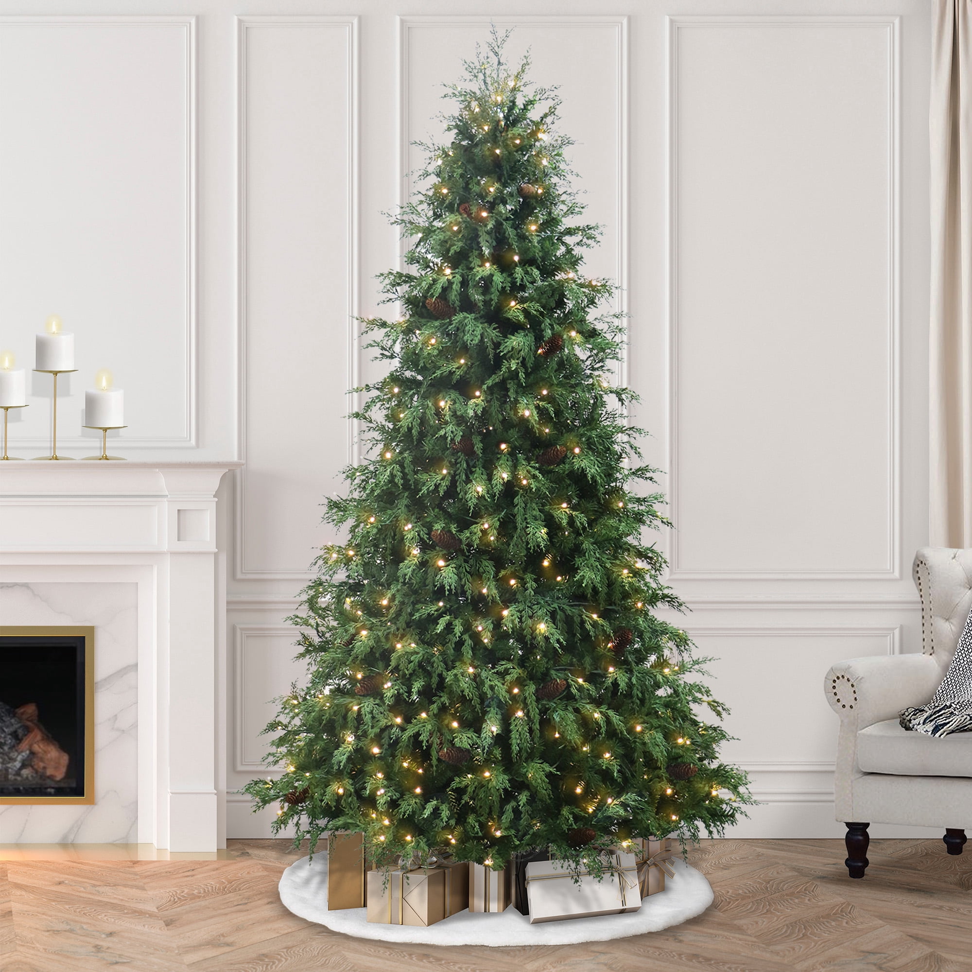 Holiday Time 7.5ft Prelit Green Cedar Artificial Christmas Tree with 400 Warm White Twinkle LED Lights