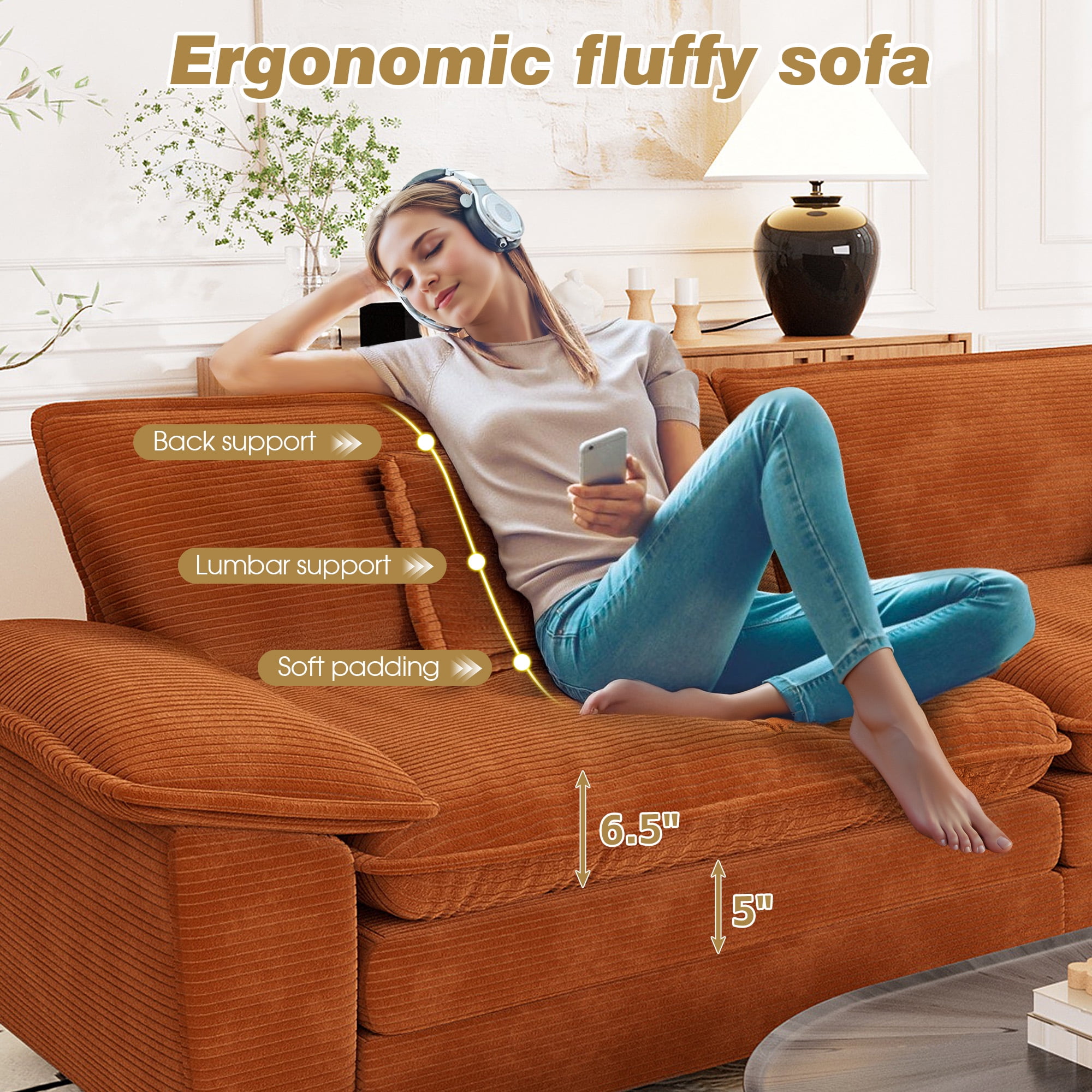 Muumblus 80.5" Corduroy Loveseat Sofa, Oversized Upholstered 2-Seater Fluffy Cloud Sleeper Couch for Living Room/Apt, Orange
