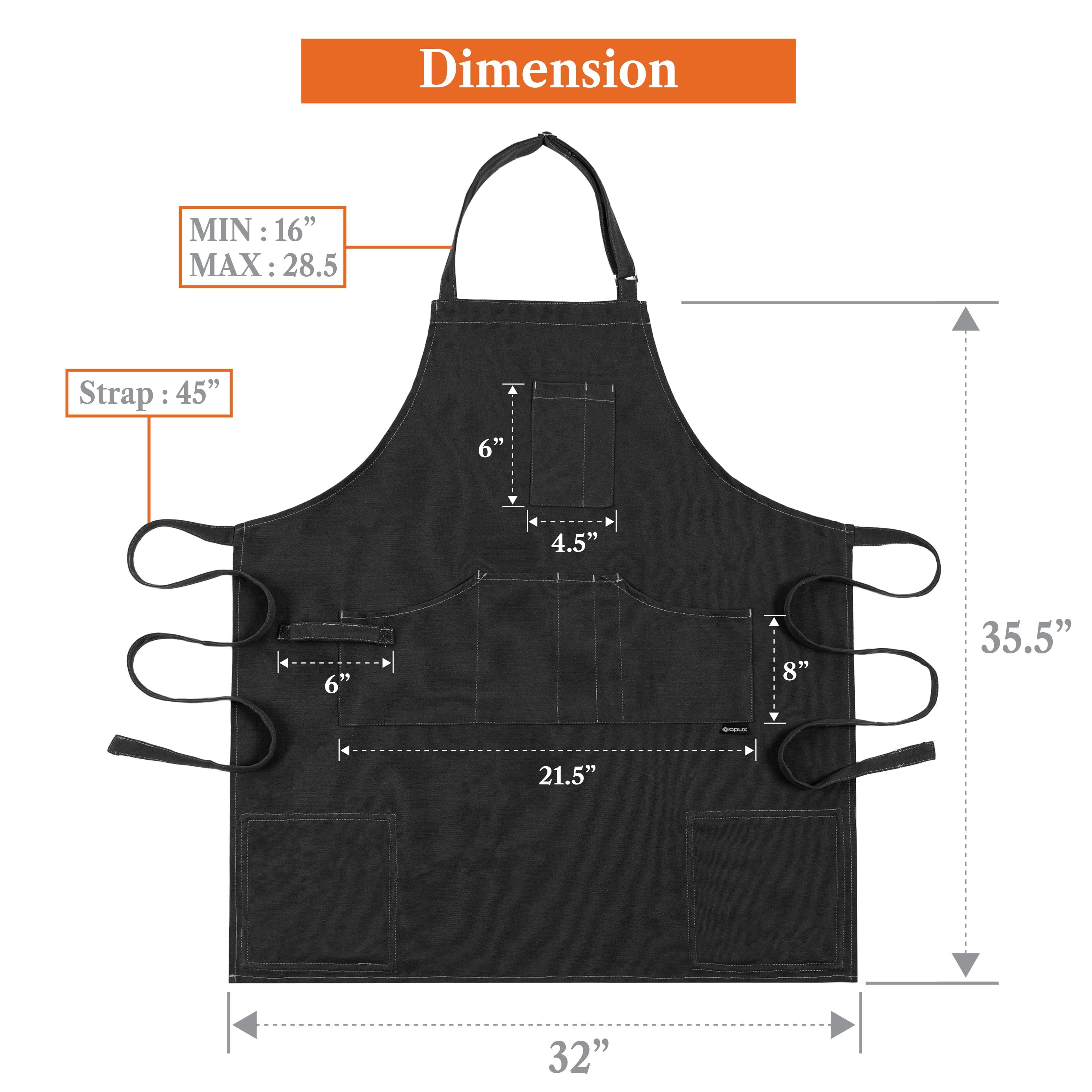 OPUX Chef Apron for Men, Canvas Apron with Pockets for Women, Large BBQ Apron for Kitchen Grilling Baking, Heavy Duty Work Apron with Adjustable Neck Strap for Barber Gardening, Black