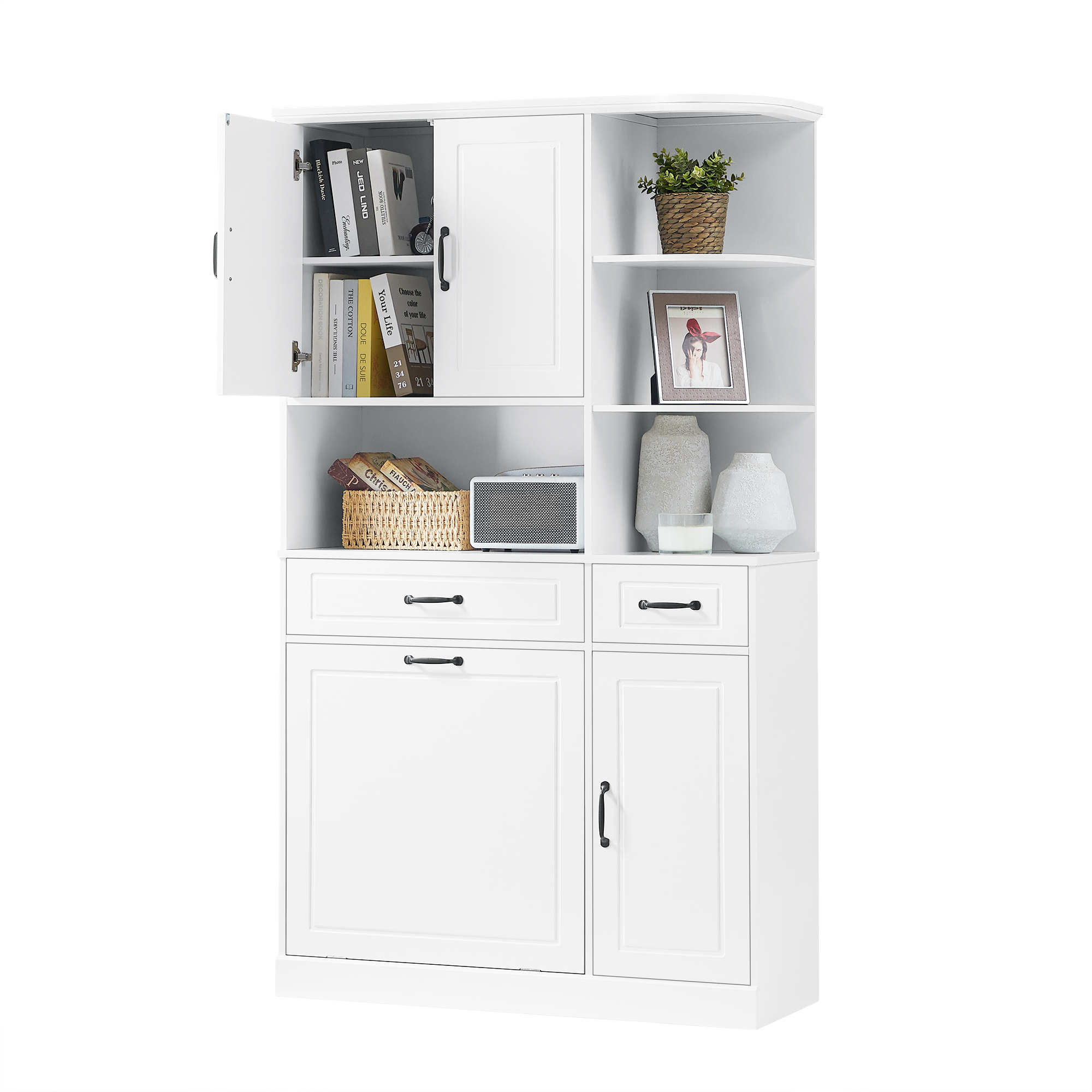 Euroco Tall Freestanding Storage Cabinet with Drawers and Doors, Adjustable Shelves, Flip Drawer Design, Modern Organizer Cabinet for Bathroom, Living Room, or Office, White MDF Cabinet