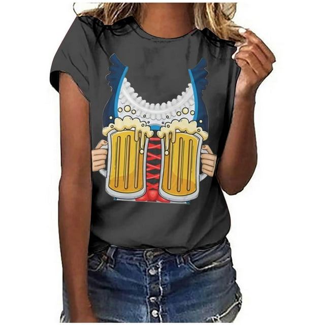 Pompotops Blouse Décontractée Mode Femme Imprimé Oktoberfest Col Rond T-Shirt Blouse Imprimée Tee Liquidation
