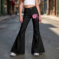 thumbnail image 2 of RUTAYY Girls Flared Jeans Flower Ribbon Print High Waist Button Fly Side Pockets Street Wear Bottoms Black, 2 of 5