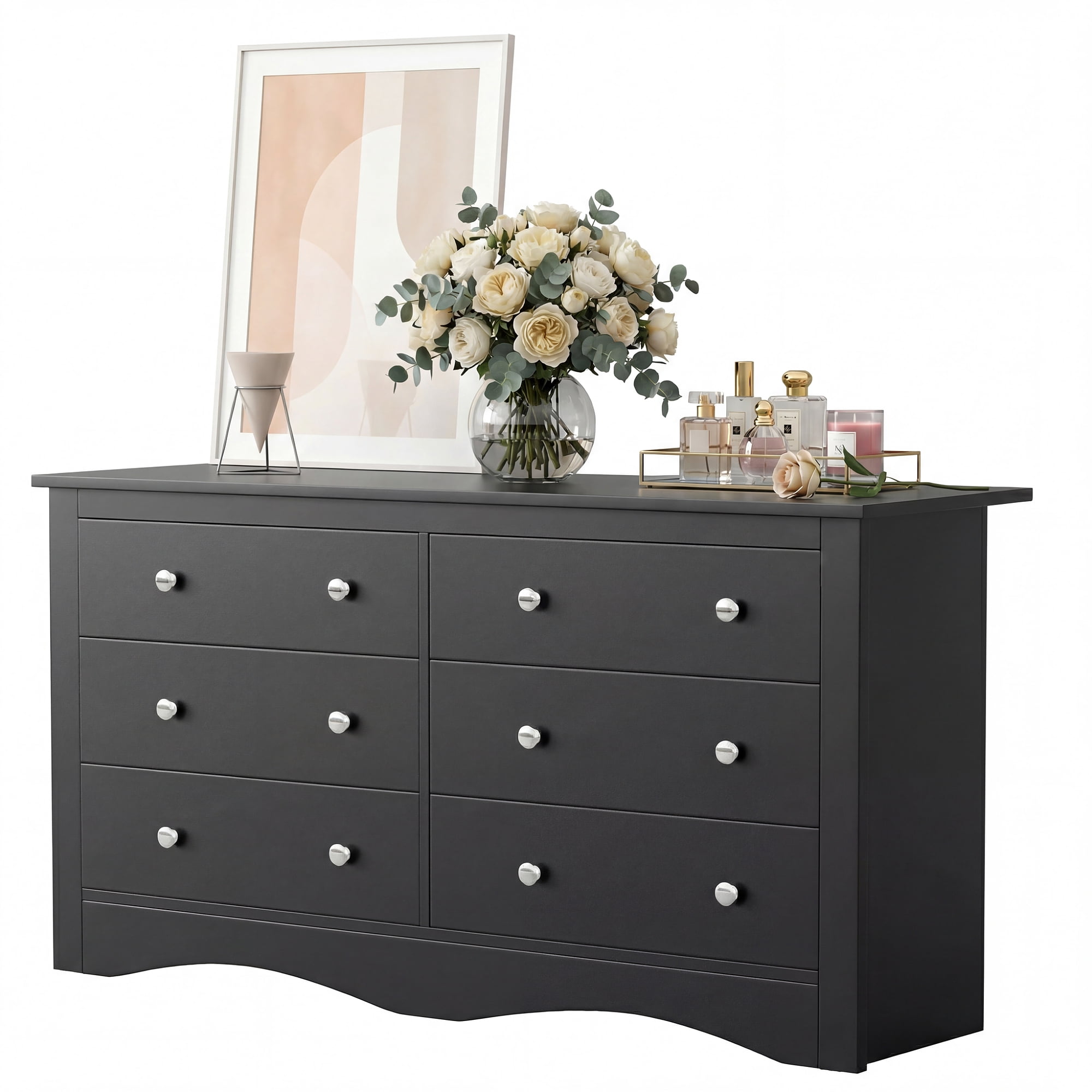 Homall 6 Drawer Dresser for Bedroom, Wood Double Chest of Drawers with Metal Handles, Wide Storage Cabinet Organizer for Living Room, Black
