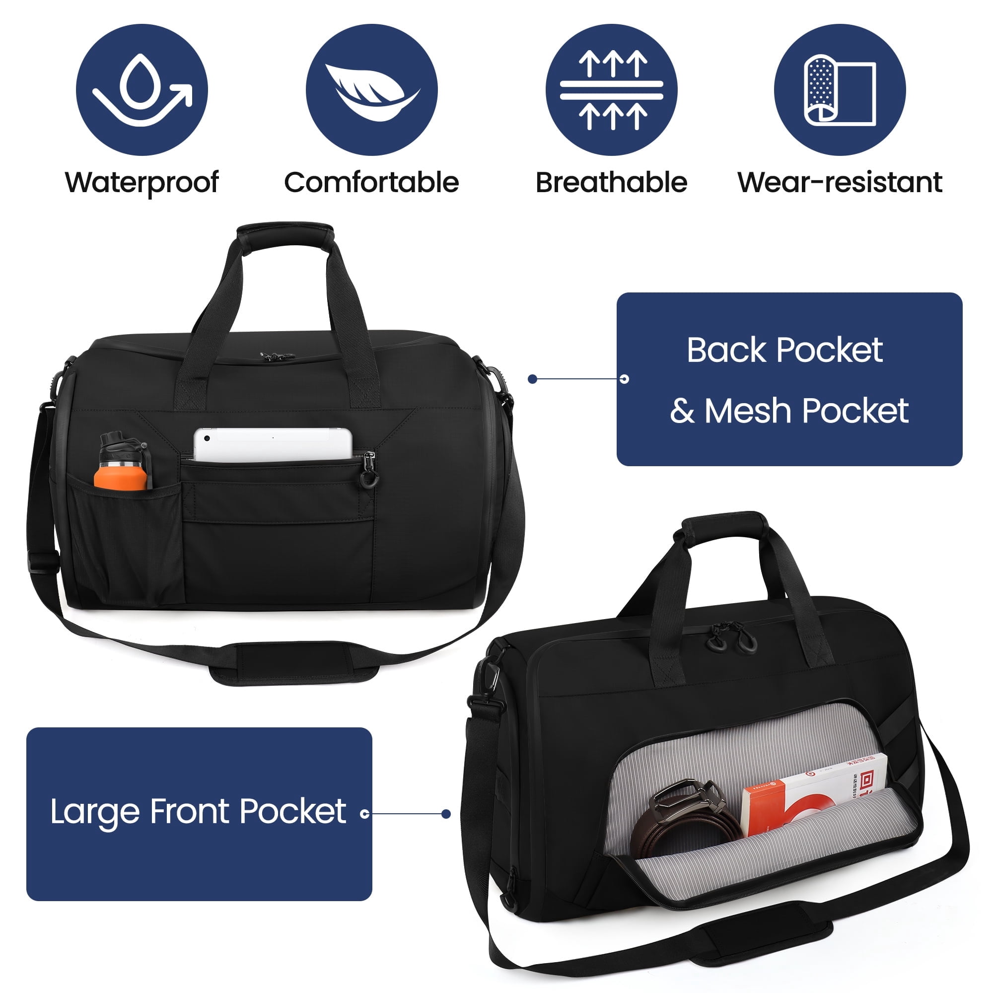Convertible Garment Duffel Bag with Shoulder Strap, Foldable Duffle Bag for Men Women, 2-in-1 Hanging Suitcase Suit Travel Bag, Black - GB261
