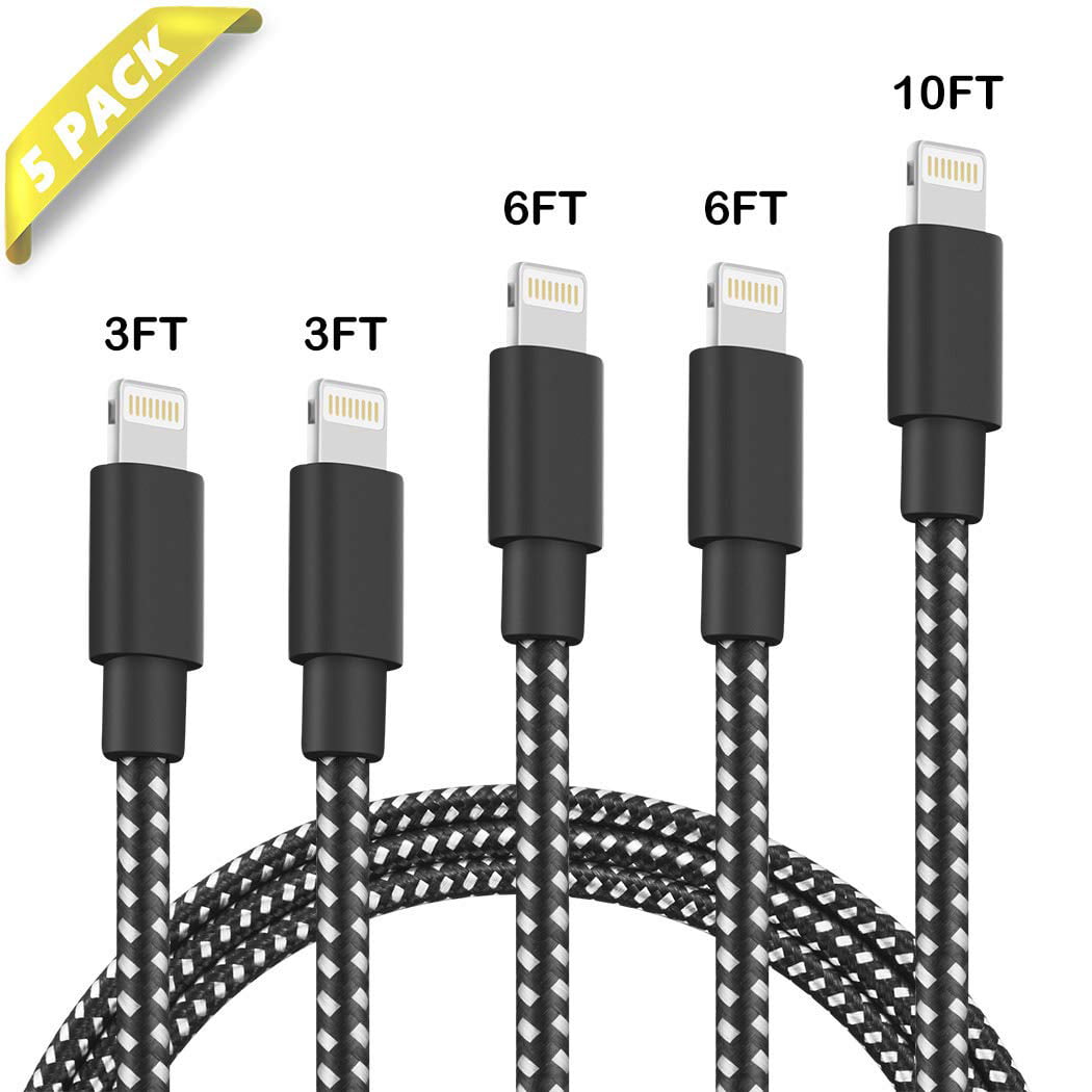 Phone Charger 5Pack 3FT 3FT 6FT 6FT 10FT Nylon Braided USB Charging & Syncing Cable Compatible with Phone XS MAX XR X 8 8 Plus 7 7 Plus 6s 6s Plus 6 6 Plus and More 