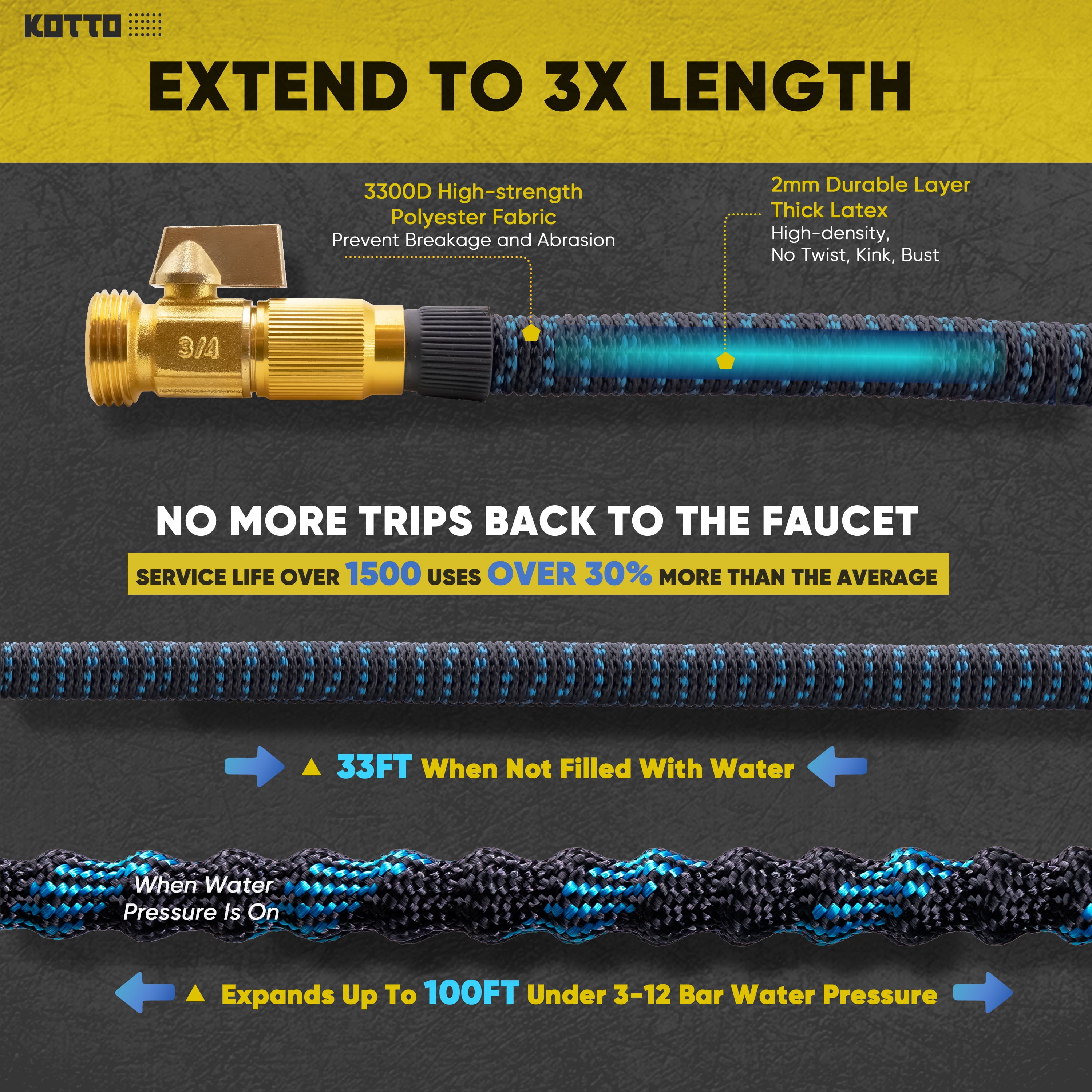 Expandable Garden Hose 100ft, 10 Spray Nozzles, Solid Brass Connector, Lightweight No-Kink Flexible - 1