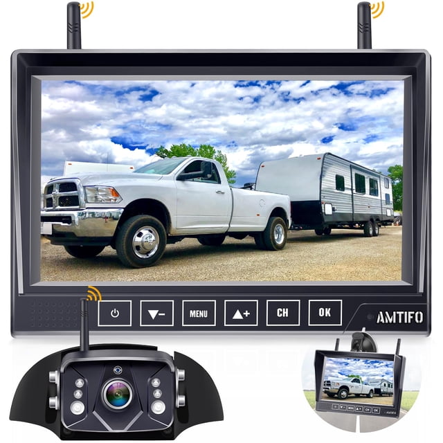 Cámara de respaldo inalámbrica para Furrion RV: Grabación de 7 pulgadas Plug-Play Fácil configuración Camión Remolque Cámara de visión trasera Monitor con botón táctil Pantalla dividida 4 canales AMTI