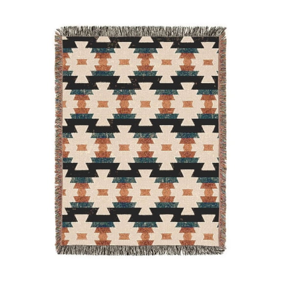 Rust, Teal and Black Southwestern Geometric Woven Blanket, 100% Cotton, Fringed Desert Style for Home Decor