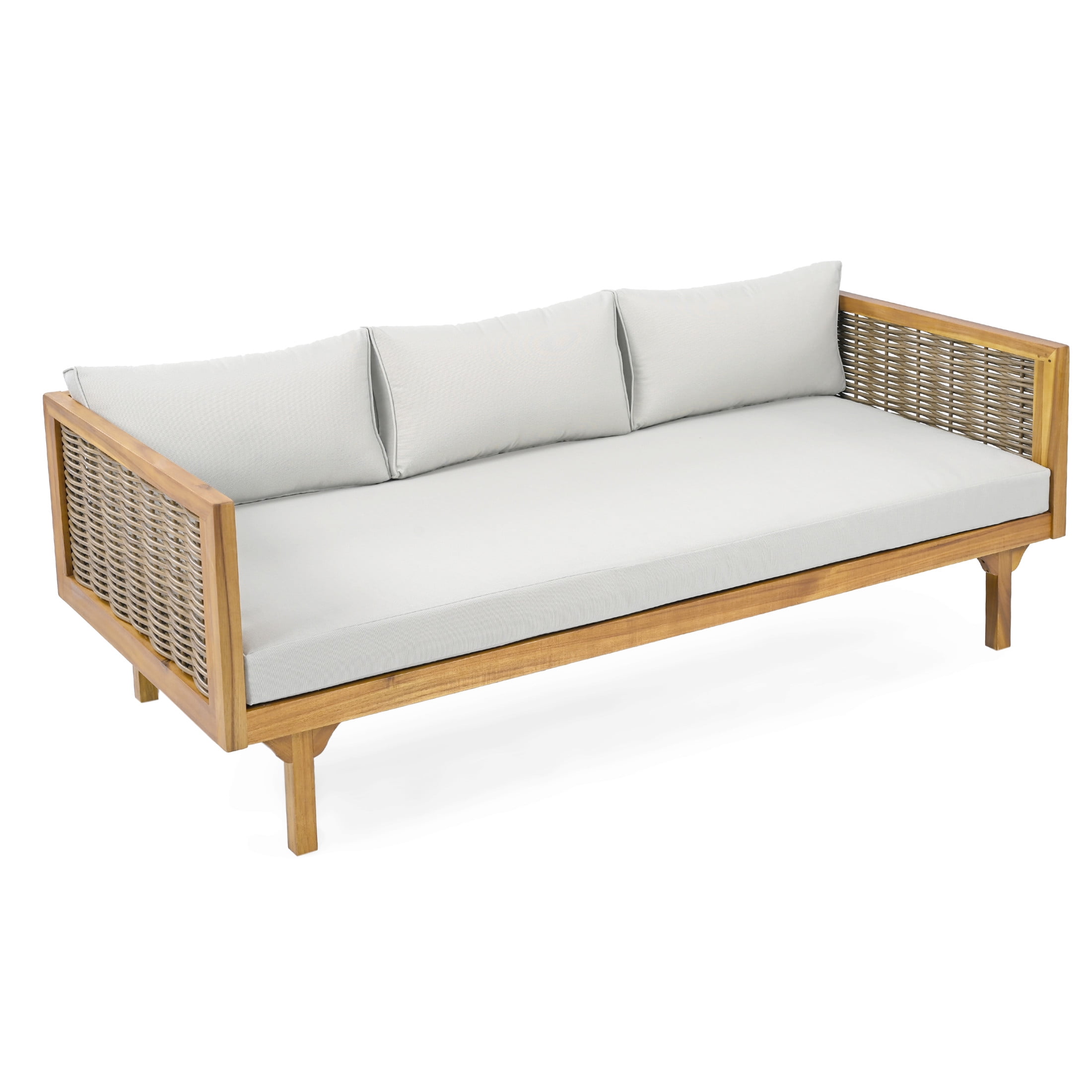 Christopher Knight Home 2 Piece Wood Outdoor Daybed with Rattan Accent and Round Coffee Table, Light Gray Cushion