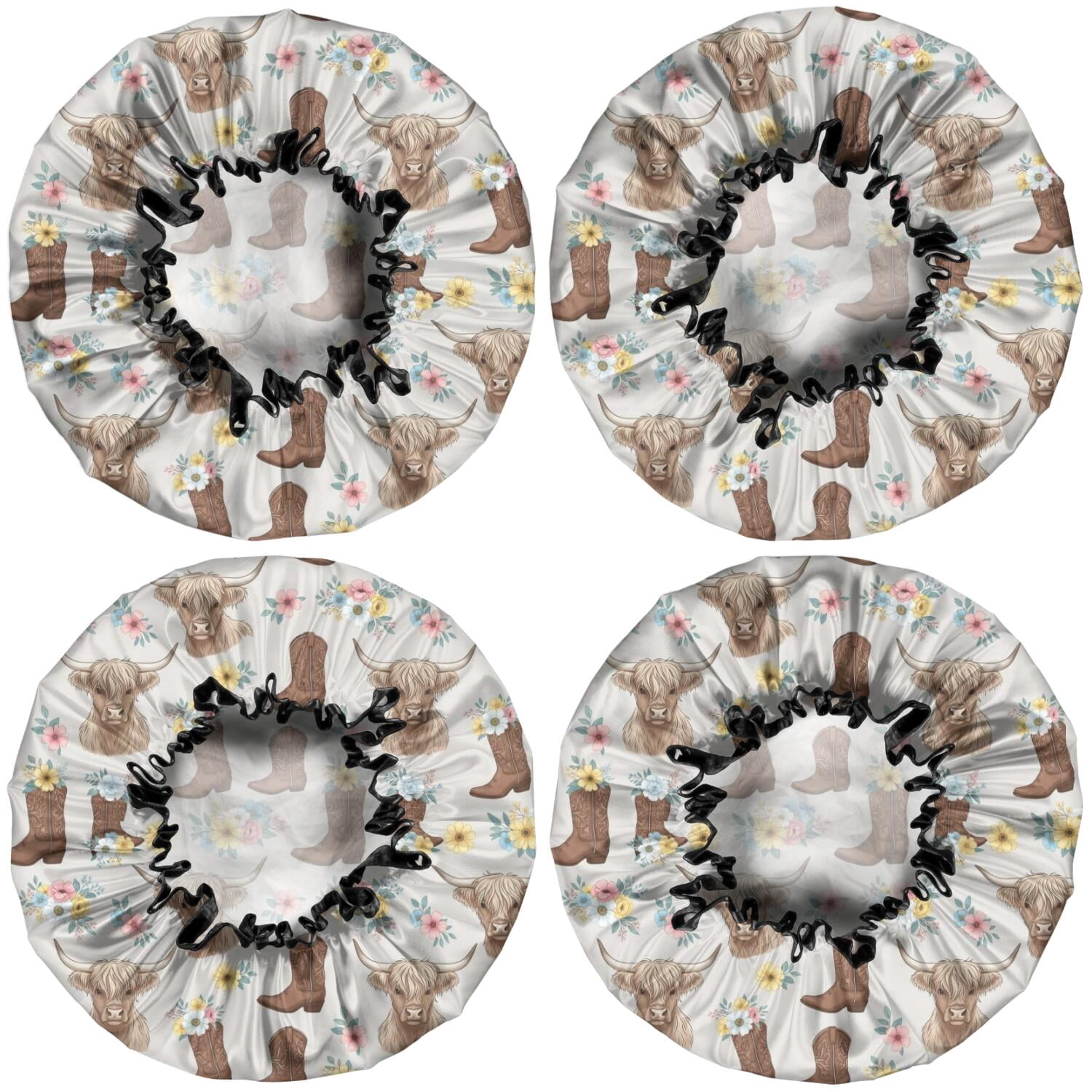 Shower Caps,Lightgray Highland Cow Boot Flower Pattern Waterproof Shower Cap for Women 4 Pieces,Double Reusable Hair Cover for Shower PEVA Elastic Stretch Hem