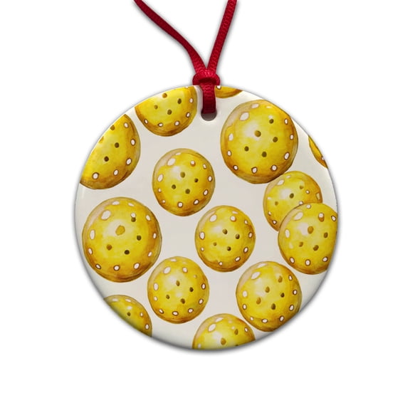 Yellow Pickleballs Watercolor Christmas Tree Holiday Round Ceramic Ornament
