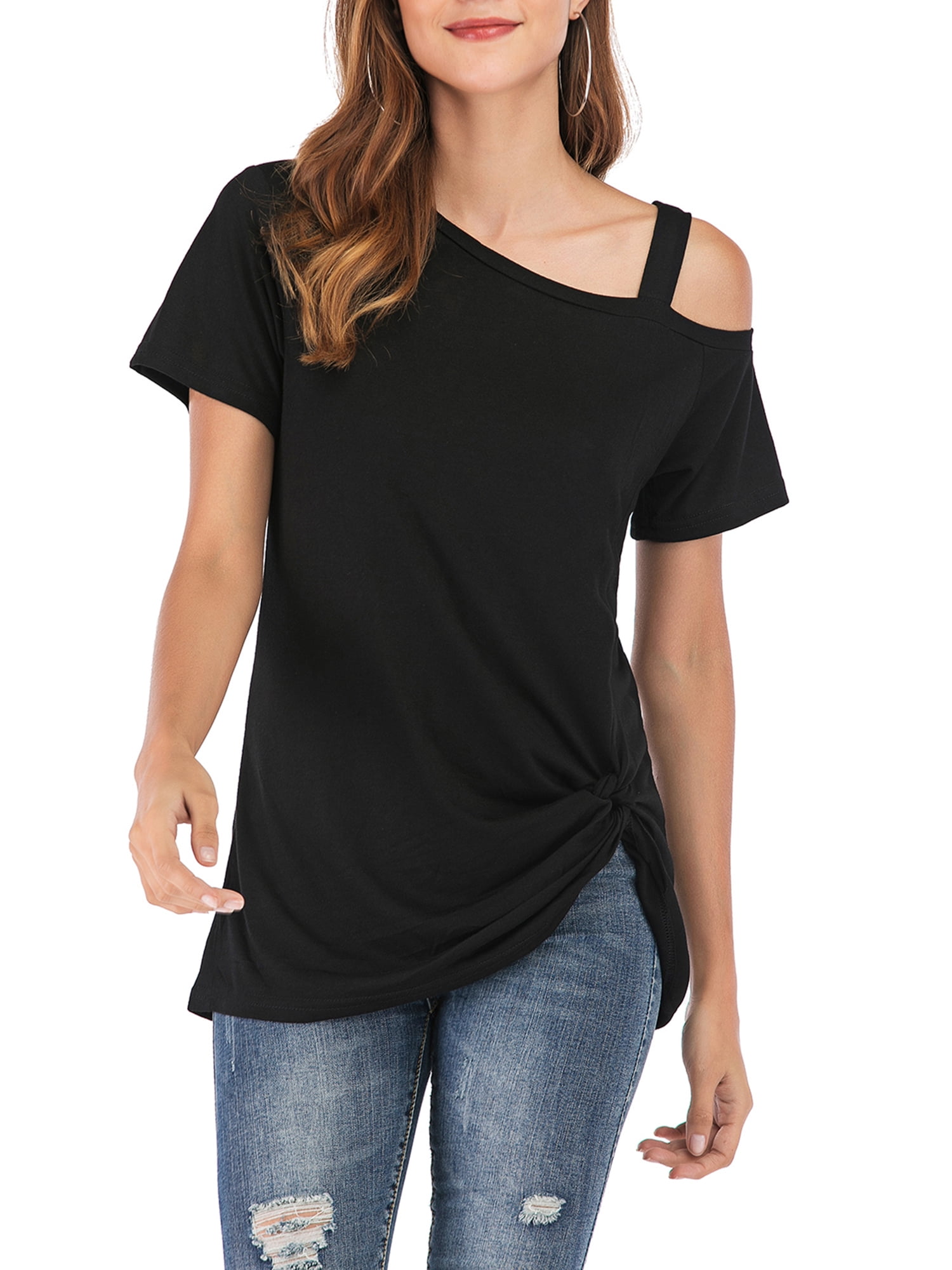 ✔ Hypothesis_X ☎ Short Sleeve Top Cross Strappy Cold Shoulder Tops Blouses Women Summer T-Shirt 
