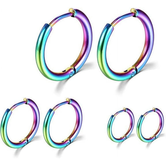 Cterwk 3 Pairs Small Hoop Earrings Set 316L Stainless Steel Hoop Earrings for Women Men, 8mm 10mm 12mm, Multicolor