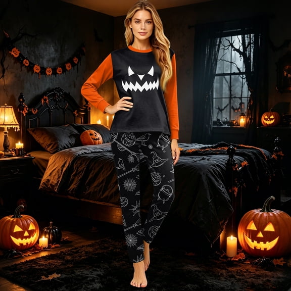 Family Halloween Pajamas Matching Sets Spider Web Witch Hat Crew Neck Funny Pjs Skeleton Pumpkin Long Sleeve Horror Loungewear, Women:M