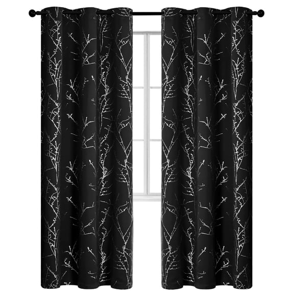 ZOPZO Room Darkening Curtains, Thermal Insulated, 42W x 84L Inch, Black, Tree Branches Pattern for Bedroom