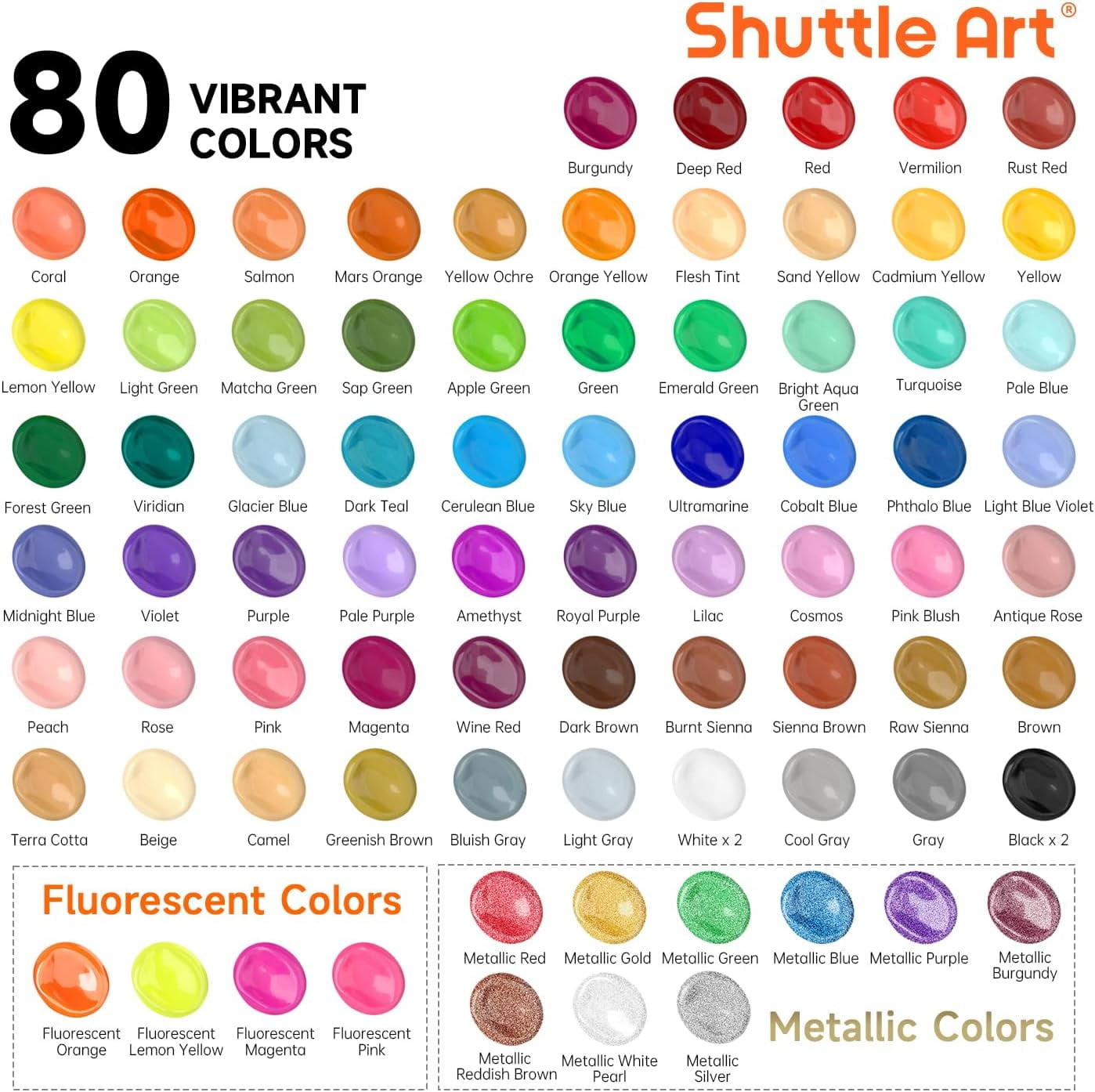 80 Colors Acrylic Paint, Shuttle Art Acrylic Paint set with 12 Paint Brushes, 2oz/60ml Bottles, Rich Pigmented, Water Proof, Premium Paints for Artists, Beginners on Canvas Rocks