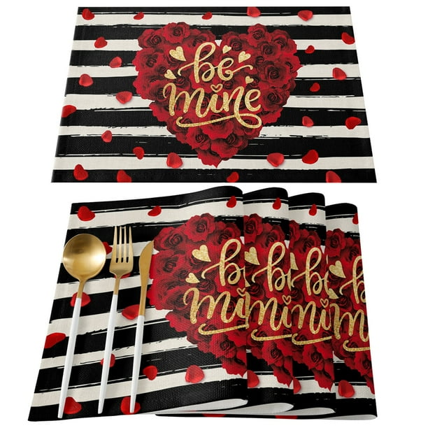 Valentines Day Placemats for Dining Table Set of 4, Valentine Red Love