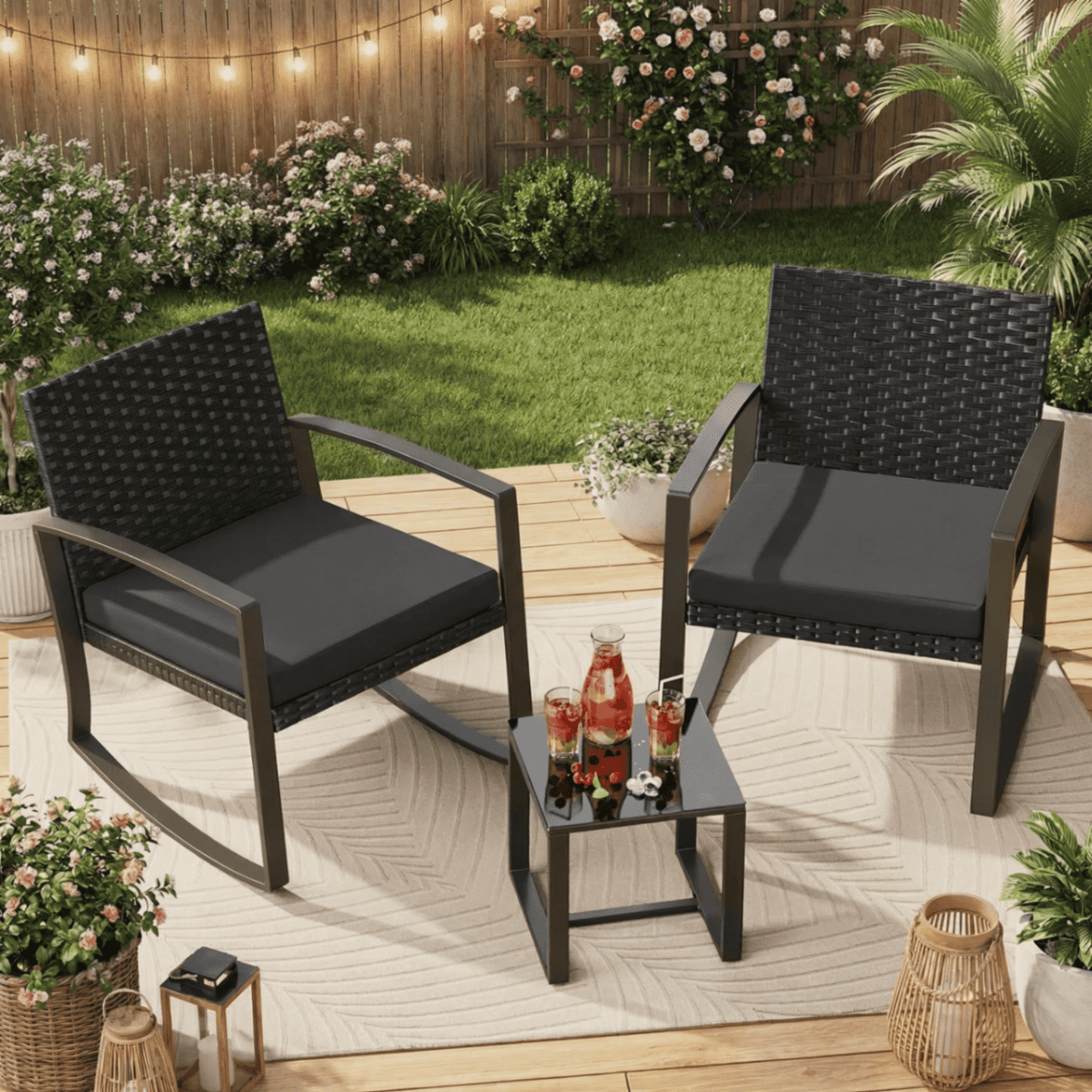 Aiho 3-Piece Rattan Rocking Set–Outdoor Patio Conversation Furniture with Coffee Table for Balcony, Garden, Backyard, or Poolside (Black)