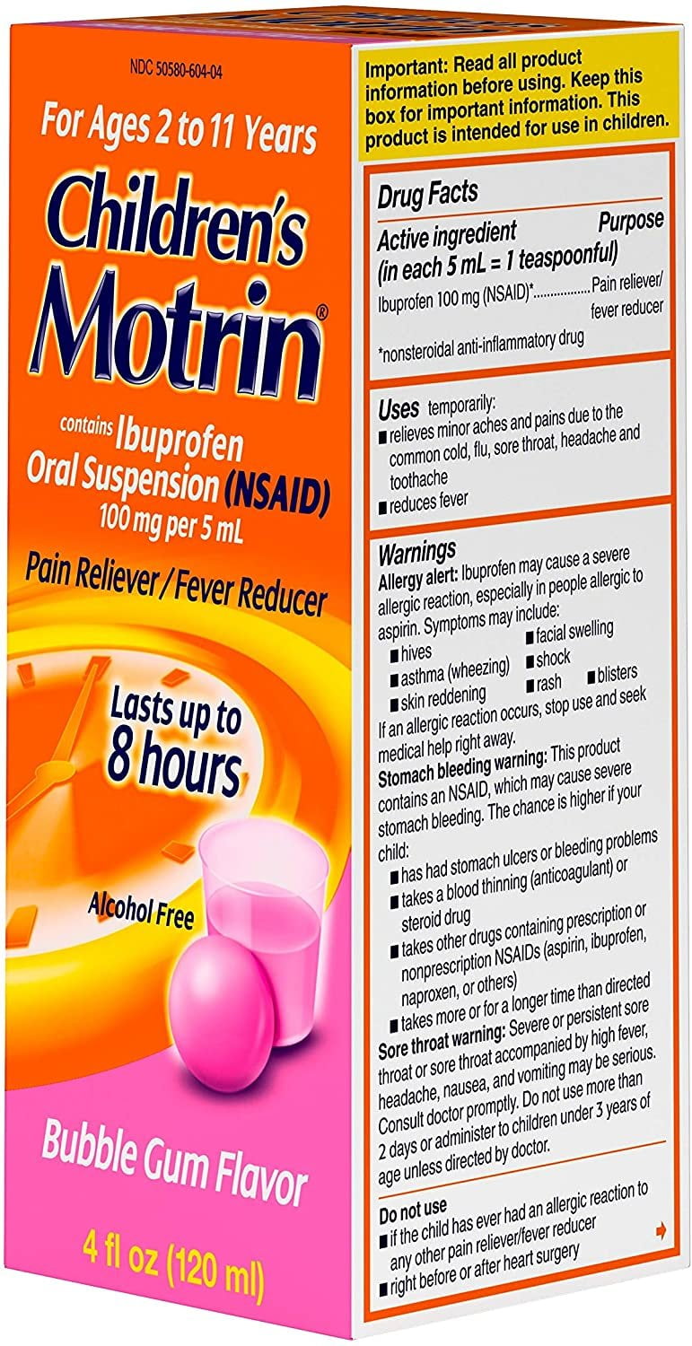 Motrin Children's Pain Reliever/Fever Reducer Liquid, Bubble Gum, 4 Fl Oz