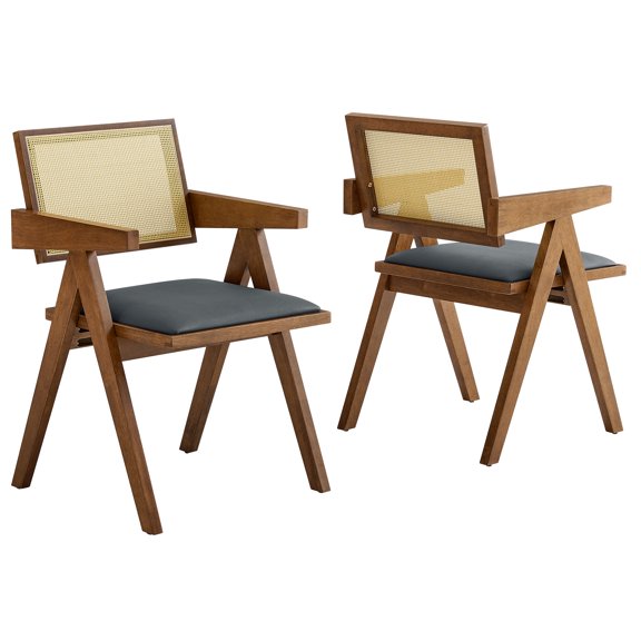 Side Dining Chair Armchair, Set of 2, Black, Faux Leather, Wood, Bar Pub Cafe Bistro Dining Kitchen Hospitality Restaurant, Modern Contemporary, HB37224