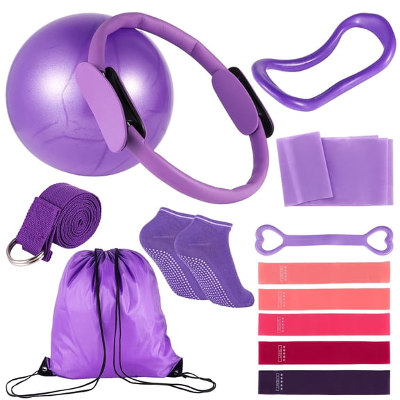Purple Pilates Ring Kit for Women, 13 Items Including Pilates Ball, Resistance Bands, Yoga Strap, Pilates Essentials Kit for Home