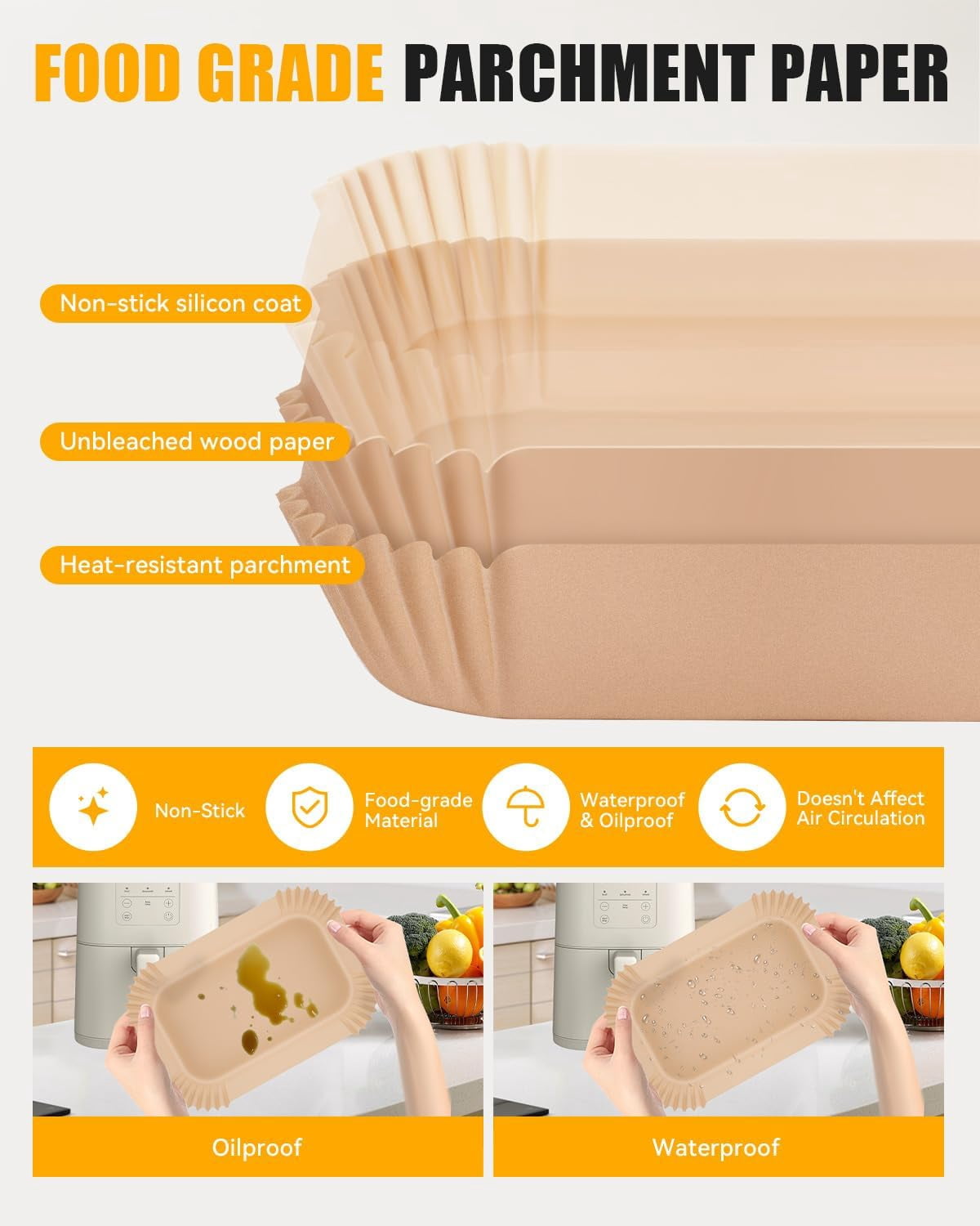 130PCs Liners for bella 4Qt Slim Air Fryer(3.3lb Capacity), Rectangular Airfryer Disposable Parchment Paper Liner, Non-Stick Food-grade Air-Frier Accessories Rectangle Free of Bleach