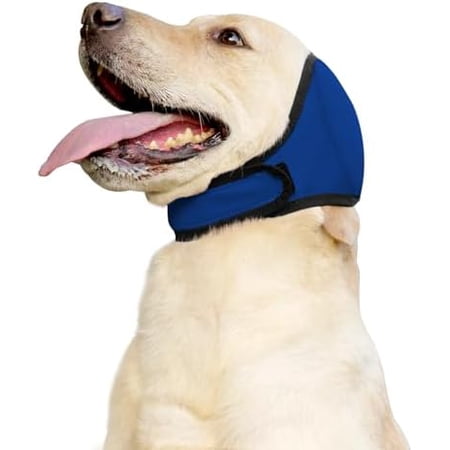 Dog Ear Muffs & No Shake Ear Wrap for Hematoma Bathing Drying & Noise Anxiety Relief - Elastic Waterproof Ear Protector with Calming Hoodie Design for Grooming (Blue M)